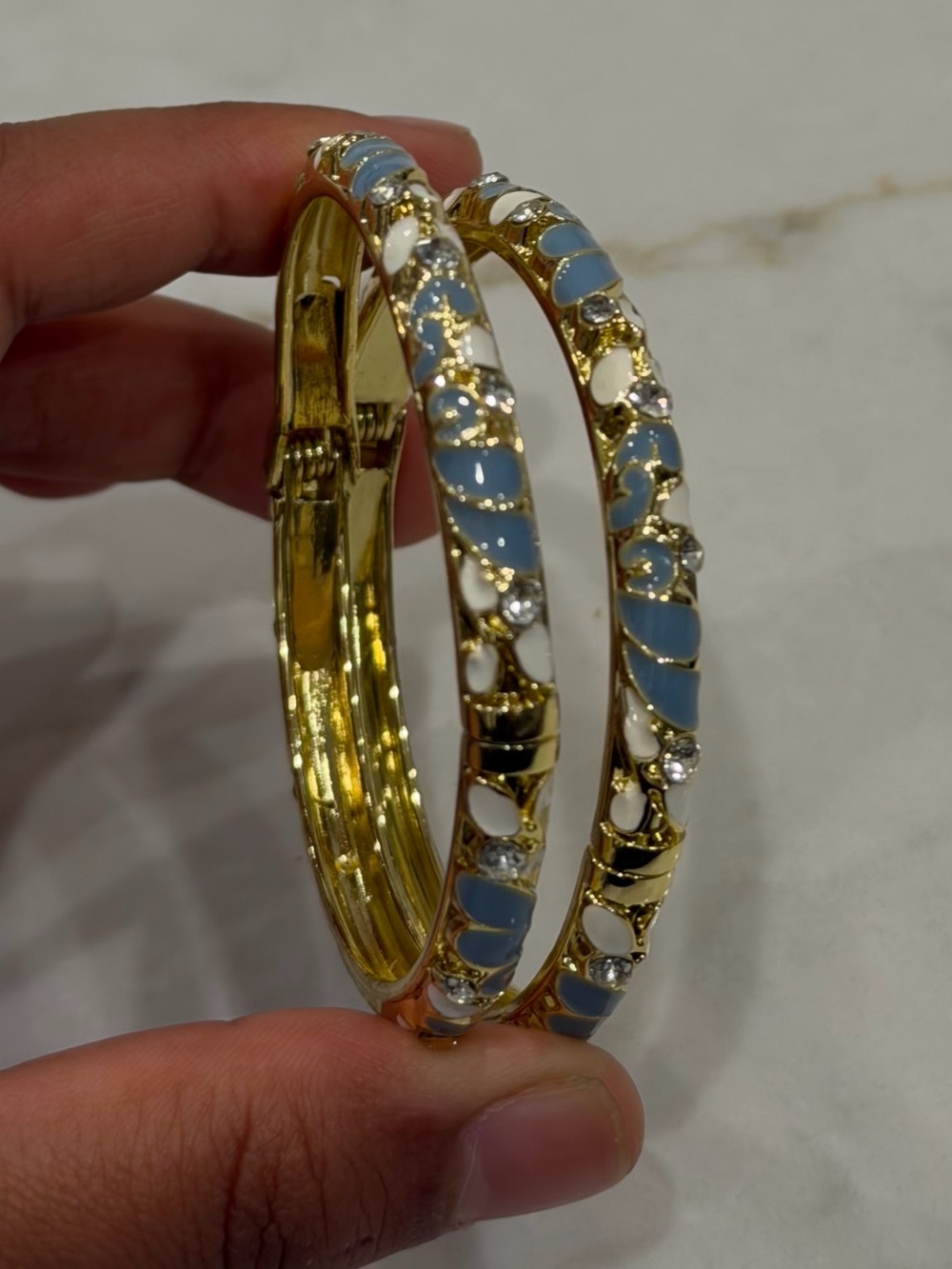 Blue & White Enamel Crystal Hinged Bangle Set | Gold Tone Bracelets